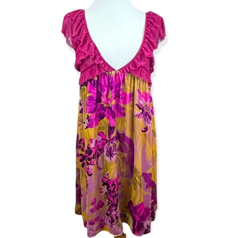 Free People Floral Velvet and Mesh Ruffle Mini Dress Small